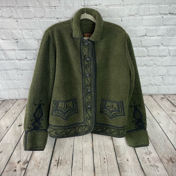Kindred Spirit Size Large Green Button Up Sherpa Embroidered Coat Jacket - Picture 1 of 6